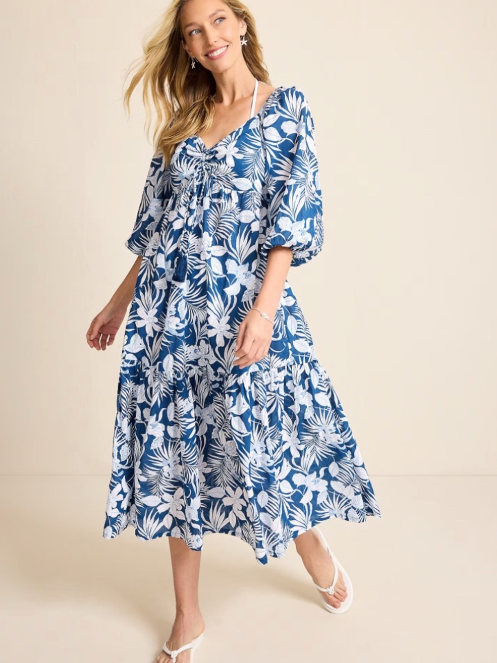 Tommy Bahama Blue and White Floral Tiered Midi Dress